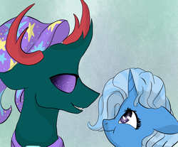 Size: 1240x1028 | Tagged: safe, artist:arirain, pharynx, trixie, changedling, changeling, pony, unicorn, g4, accessory swap, clothes, female, hat, looking at each other, male, mare, phartrix, prince pharynx, scrunchy face, shipping, smiling, stallion, straight, trixie's hat