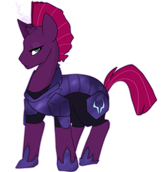 Size: 1149x1200 | Tagged: safe, artist:beffumsartworks, tempest shadow, pony, unicorn, g4, my little pony: the movie, annoyed, armor, broken horn, clothes, female, horn, lidded eyes, mare, shoes, solo