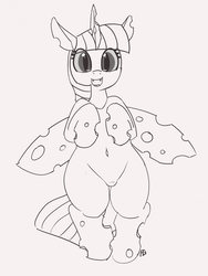 Size: 1280x1702 | Tagged: safe, artist:pabbley, twilight sparkle, changeling, g4, 30 minute art challenge, belly button, changelingified, female, monochrome, open mouth, pubic mound, smiling, solo, species swap, twiling