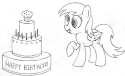 Size: 3051x1862 | Tagged: safe, artist:bladedragoon7575, derpibooru exclusive, derpy hooves, g4, cake, candle, female, food, happy, happy birthday mlp:fim, mlp fim's seventh anniversary, muffin, sketch, solo