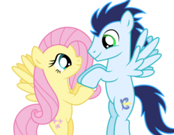 Size: 1895x1468 | Tagged: safe, artist:meandmyideas, fluttershy, soarin', pegasus, pony, g4, crack shipping, cute, duo, female, flying, holding hooves, looking at each other, male, mare, shipping, simple background, smiling, soarinshy, stallion, straight, transparent background, vector
