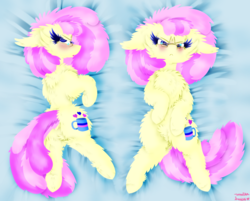 Size: 1024x824 | Tagged: safe, artist:vanillaswirl6, oc, oc only, oc:vanilla swirl, earth pony, pony, :<, >:<, belly fluff, blue background, blue eyes, blushing, body pillow, body pillow design, butt, chest fluff, dock, ear fluff, embarrassed, floppy ears, fluffy, glasses, hoof fluff, looking at you, lying on bed, plot, simple background, solo, underhoof
