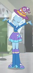 Size: 329x720 | Tagged: safe, screencap, trixie, eqg summertime shorts, equestria girls, g4, good vibes, boots, clothes, cropped, cute, eyes closed, female, hat, hoodie, shoes, skirt, smiling, trixie's hat