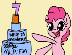 Size: 760x577 | Tagged: safe, artist:wenni, derpibooru exclusive, pinkie pie, earth pony, pony, birthday candles, cake, cute, female, food, happy birthday mlp:fim, longboy, mare, mistake, mlp fim's seventh anniversary, open mouth, pointing, simple background, smiling, solo, yellow background