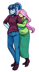 Size: 1694x3151 | Tagged: safe, artist:overlordneon, fluttershy, sonata dusk, equestria girls, g4, my little pony equestria girls: rainbow rocks, clothes, duo, eyes closed, female, lesbian, ship:sonashy, shipping, simple background, smiling, transparent, transparent background