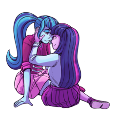 Size: 2494x2660 | Tagged: safe, artist:overlordneon, sonata dusk, twilight sparkle, equestria girls, g4, my little pony equestria girls: rainbow rocks, clothes, female, high res, kneeling, lesbian, looking at each other, ship:twinata, shipping, simple background, smiling, transparent background