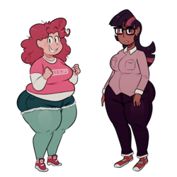 Size: 2000x2000 | Tagged: safe, artist:secretgoombaman12345, pinkie pie, twilight sparkle, human, g4, bbw, chubby, clothes, converse, fat, glasses, high res, humanized, muffin top, pudgy pie, shoes, simple background, thick, transparent background, wide hips