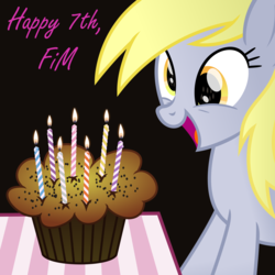 Size: 2500x2500 | Tagged: safe, artist:cheezedoodle96, derpibooru exclusive, derpy hooves, pony, g4, birthday candles, candle, excited, female, food, happy birthday mlp:fim, high res, mare, mlp fim's seventh anniversary, muffin, solo, vector