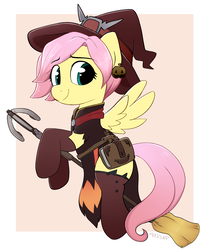 Size: 2290x2750 | Tagged: safe, artist:moozua, fluttershy, pegasus, pony, g4, alternate hairstyle, book, boots, broom, clothes, crossover, cute, dress, ear piercing, earring, female, flying, flying broomstick, gloves, halloween, hat, high res, holiday, jewelry, leather, mare, mercy, mercyshy, overwatch, piercing, pixie cut, shoes, shyabetes, smiling, socks, thigh highs, witch, witch hat