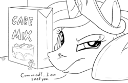 Size: 1200x776 | Tagged: safe, artist:tsitra360, princess celestia, oc, oc:vanilla beam, pony, g4, dialogue, horseshoes, micro, monochrome