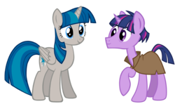 Size: 1944x1152 | Tagged: safe, artist:thecheeseburger, stygian, twilight sparkle, alicorn, pony, g4, shadow play, clothes, cutie mark swap, palette swap, raised hoof, recolor, simple background, smiling, transparent background, twilight sparkle (alicorn)