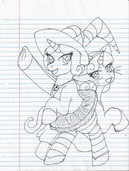 Size: 1594x2106 | Tagged: safe, artist:jolliapplegirl, rarity, sweetie belle, pony, unicorn, g4, animal costume, boozle, cat costume, clothes, cosplay, costume, ghost cat costume, ghost costume, halloween, halloween costume, hat, lined paper, scary godmother, scary godmother: halloween spooktacular, tabitha st. germain, traditional art, voice actor joke, witch costume, witch hat