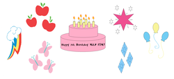 Size: 1903x869 | Tagged: safe, artist:nittany discord, derpibooru exclusive, applejack, fluttershy, pinkie pie, rainbow dash, rarity, twilight sparkle, g4, cake, candle, cutie mark, food, happy birthday mlp:fim, mlp fim's seventh anniversary