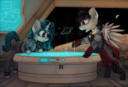 Size: 2999x2034 | Tagged: safe, artist:marsminer, oc, oc only, oc:carbon scratch, unnamed oc, pegasus, pony, unicorn, clothes, commission, earth, high res, planet, space, stars