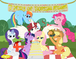Size: 4200x3300 | Tagged: safe, artist:perinia, derpibooru exclusive, applejack, derpy hooves, fluttershy, pinkie pie, rainbow dash, rarity, twilight sparkle, oc, oc:fausticorn, alicorn, earth pony, pegasus, pony, unicorn, g4, banner, box, bush, cake, candle, cider, cutie mark, eyes closed, female, flying, food, glowing horn, grass, grin, happy birthday mlp:fim, hat, hooves, horn, hug, lauren faust, levitation, magic, mare, mlp fim's seventh anniversary, muffin, mug, open mouth, party, party hat, party popper, picnic, present, rope, signature, smiling, spread wings, tankard, telekinesis, twilight sparkle (alicorn), wings