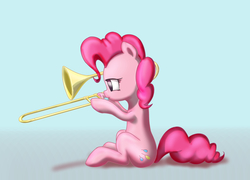 Size: 2511x1810 | Tagged: safe, artist:stratodraw, pinkie pie, earth pony, pony, g4, earth, female, mare, musical instrument, simple background, sitting, solo, trombone