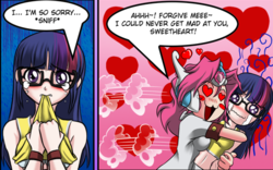 Size: 532x332 | Tagged: safe, artist:mauroz, pinkie pie, sci-twi, twilight sparkle, human, g4, :3, belly button, blushing, cheerleader, clone, clothes, comic, crying, cute, dialogue, duo, duo female, female, glasses, heart eyes, hug, humanized, looking at you, not lesbian, open mouth, speech bubble, tank top, twiabetes, wingding eyes