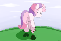 Size: 3496x2362 | Tagged: safe, artist:taurson, sweetie belle, pony, unicorn, g4, butt, commission, destruction, eyes closed, featureless crotch, female, fetish, giant pony, giantess, high res, hoof fetish, macro, plot, smiling, solo, underhoof