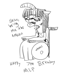 Size: 594x676 | Tagged: safe, artist:whydomenhavenipples, twilight sparkle, pony, semi-anthro, g4, ambien, dialogue, drool, female, floppy horn, happy birthday mlp:fim, horn, insomnia, mlp fim's seventh anniversary, monochrome, old, older, sitting, solo, wheelchair