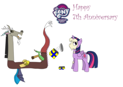 Size: 2868x2033 | Tagged: safe, artist:twi clown, derpibooru exclusive, discord, twilight sparkle, alicorn, pony, g4, gag gift, happy birthday mlp:fim, high res, mlp fim's seventh anniversary, pied, twilight sparkle (alicorn)