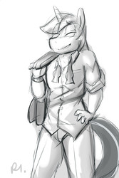 Size: 2000x3000 | Tagged: safe, artist:bluecoffeedog, shining armor, anthro, g4, clothes, eyes closed, high res, male, monochrome, simple background, sketch, smiling, solo