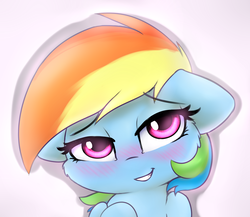 Size: 3000x2600 | Tagged: safe, artist:heavymetalbronyyeah, rainbow dash, pegasus, pony, g4, bedroom eyes, blushing, cute, dashabetes, female, floppy ears, high res, i can't believe it's not captainpudgemuffin, looking at you, smiling, solo, style emulation