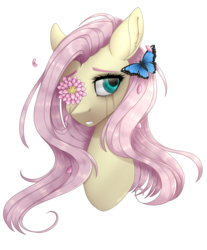 Size: 1497x1805 | Tagged: safe, artist:ohhoneybee, fluttershy, butterfly, g4, bust, crying, female, flower, portrait, simple background, solo, transparent background