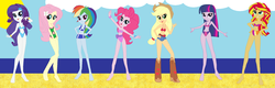Size: 2000x640 | Tagged: safe, artist:dinalfos5, applejack, fluttershy, pinkie pie, rainbow dash, rarity, sunset shimmer, twilight sparkle, equestria girls, g4, clothes, eqg promo pose set, humane five, humane seven, humane six, navel cutout, one-piece swimsuit, swimsuit