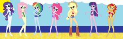 Size: 2000x640 | Tagged: safe, artist:dinalfos5, applejack, fluttershy, pinkie pie, rainbow dash, rarity, sunset shimmer, twilight sparkle, equestria girls, g4, clothes, eqg promo pose set, swimsuit