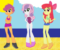 Size: 600x496 | Tagged: safe, artist:dinalfos5, apple bloom, scootaloo, sweetie belle, equestria girls, g4, belly button, bikini, clothes, cutie mark crusaders, midriff, one-piece swimsuit, swimsuit