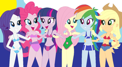 Size: 1023x566 | Tagged: safe, artist:dinalfos5, applejack, fluttershy, pinkie pie, rainbow dash, rarity, sci-twi, twilight sparkle, human, equestria girls, g4, base used, belly, belly button, bikini, clothes, denim, denim shorts, female, humane five, humane six, navel cutout, one-piece swimsuit, sash, shorts, swimsuit