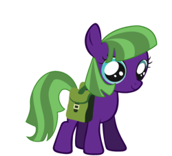 Size: 1784x1621 | Tagged: safe, oc, oc only, oc:blue corn, bag, bags, blue eyes, carrying, cute, female, filly, green hair, purple, saddle bag, simple background, smiling, standing, transparent background