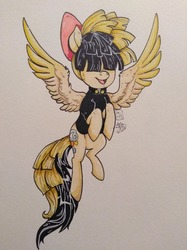 Size: 1280x1707 | Tagged: safe, artist:dragonfruitdarigan, songbird serenade, pegasus, pony, g4, my little pony: the movie, female, hair over eyes, inktober, mare, smiling, solo, spread wings, traditional art, wings