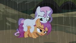 Size: 1366x768 | Tagged: safe, screencap, scootaloo, sweetie belle, pony, appleoosa's most wanted, g4, my little pony: friendship is magic, dark, female, filly, lidded eyes, mud, muddy, out of context, rain, trail, wet