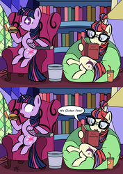 Size: 2886x4065 | Tagged: safe, artist:pony4koma, moondancer, twilight sparkle, alicorn, pony, g4, betrayal, book, burger, chillaxing, comic, diet, drool, food, gluten free, happy, hay burger, library, lunch, reading, sad, twilight sparkle (alicorn), twilight's castle