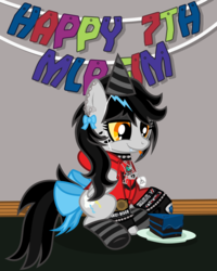 Size: 1134x1417 | Tagged: safe, artist:lightningbolt, derpibooru exclusive, oc, oc only, oc:lightning dee, pegasus, pony, g4, .svg available, banner, bow, bring me the horizon, cake, chains, choker, clandestine industries, clothes, colored sclera, ear bow, ear piercing, earring, emo, eyeliner, eyeshadow, fangs, female, fingerless gloves, folded wings, food, frnkiero andthe cellabration, frosting, gloves, grin, happy, happy birthday mlp:fim, hat, hoodie, jewelry, makeup, mare, messy mane, minecraft, mlp fim's seventh anniversary, my chemical romance, necklace, panic! at the disco, party hat, piercing, plate, raised hoof, show accurate, sitting, sleeping with sirens, smiling, socks, solo, spiked choker, spiked wristband, striped socks, svg, tail bow, tongue out, underhoof, vector, wings, wristband, zipper
