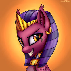 Size: 3000x3000 | Tagged: safe, artist:setharu, the sphinx, sphinx, daring done?, g4, adorabolical, adoraevil, bust, cute, ear fluff, evil smile, female, folded wings, gradient background, grin, high res, jewelry, looking at you, regalia, smiling, solo, sphinxdorable