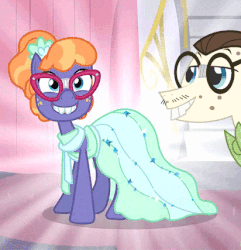 Size: 412x427 | Tagged: safe, edit, edited screencap, screencap, frazzle rock, gizmo, earth pony, pony, canterlot boutique, g4, acne, adorkable, animated, bowtie, broken glasses, bucktooth, clothes, cropped, cute, dork, dress, duo, female, frazzlebetes, gif, gizzle, glasses, grin, male, mare, nerd, nerd pony, shiny, shipping, smiling, stallion, straight, vector, when she smiles