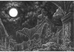 Size: 2480x1748 | Tagged: safe, artist:amarthgul, twilight sparkle, pony, g4, castle of the royal pony sisters, female, monochrome, moon, night, ruins, solo, traditional art