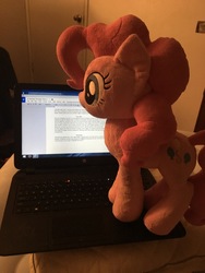 Size: 3024x4032 | Tagged: safe, artist:moonliterequiem, pinkie pie, earth pony, pony, g4, computer, high res, irl, laptop computer, photo, plushie, solo