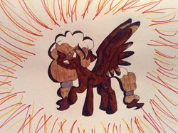 Size: 1024x765 | Tagged: safe, artist:mysteryschannel, oc, oc only, oc:sweet mocha, pegasus, pony, angry, female, raised hoof, solo, traditional art