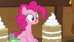 Size: 1280x720 | Tagged: safe, screencap, gummy, pinkie pie, prince rutherford, alligator, earth pony, pony, yak, g4, not asking for trouble, cake, food, licking, licking lips, tongue out, vanilla