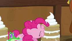 Size: 1280x720 | Tagged: safe, screencap, gummy, pinkie pie, prince rutherford, alligator, earth pony, pony, yak, g4, not asking for trouble, cake, food, nom, vanilla