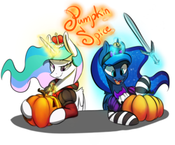 Size: 1200x1000 | Tagged: safe, artist:xxmarkingxx, princess celestia, princess luna, pony, g4, clothes, costume, female, glowing horn, halloween, holiday, horn, magic, mare, nightmare night, pumpkin, pumpkin carving, royal sisters, simple background, sisters, smiling, sword, transparent background, weapon