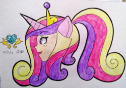 Size: 3030x2121 | Tagged: safe, artist:aloubell, princess cadance, human, g4, bust, eared humanization, female, high res, horn, horned humanization, humanized, ponytail, portrait, profile, solo, traditional art