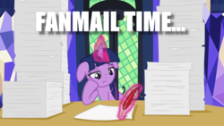 Size: 640x360 | Tagged: safe, twilight sparkle, alicorn, pony, g4, once upon a zeppelin, bored, floppy ears, image macro, levitation, magic, meme, quill, telekinesis, twilight sparkle (alicorn), writing