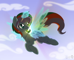Size: 1400x1137 | Tagged: safe, artist:sirzi, oc, oc only, pony, unicorn, artificial wings, augmented, cloud, female, flying, glowing horn, horn, magic, magic wings, mare, sky, solo, wings