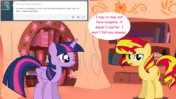 Size: 1280x720 | Tagged: safe, artist:hakunohamikage, sunset shimmer, twilight sparkle, alicorn, pony, unicorn, ask-princesssparkle, g4, ask, female, golden oaks library, mare, tumblr, twilight sparkle (alicorn)