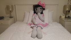 Size: 5312x2988 | Tagged: safe, artist:bigsexyplush, artist:somethingaboutoctavia, octavia melody, earth pony, anthro, unguligrade anthro, g4, anthro plushie, arm hooves, bed, bedroom eyes, bloomers, bow, clothes, costume, cute, doll, female, frilly, hooves, irl, lace, lacy, lolita fashion, outfit, photo, plushie, shocked, shocked expression, socks, socktavia, solo, startled, surprised, thigh highs, thunder thighs, toy, wide hips