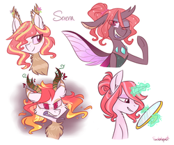 Size: 1024x853 | Tagged: safe, artist:flourret, oc, oc only, oc:serena, changedling, changeling, changepony, hybrid, pony, unicorn, female, forked tongue, magic, mirror, offspring, parent:princess celestia, parent:thorax, parents:thoralestia, solo